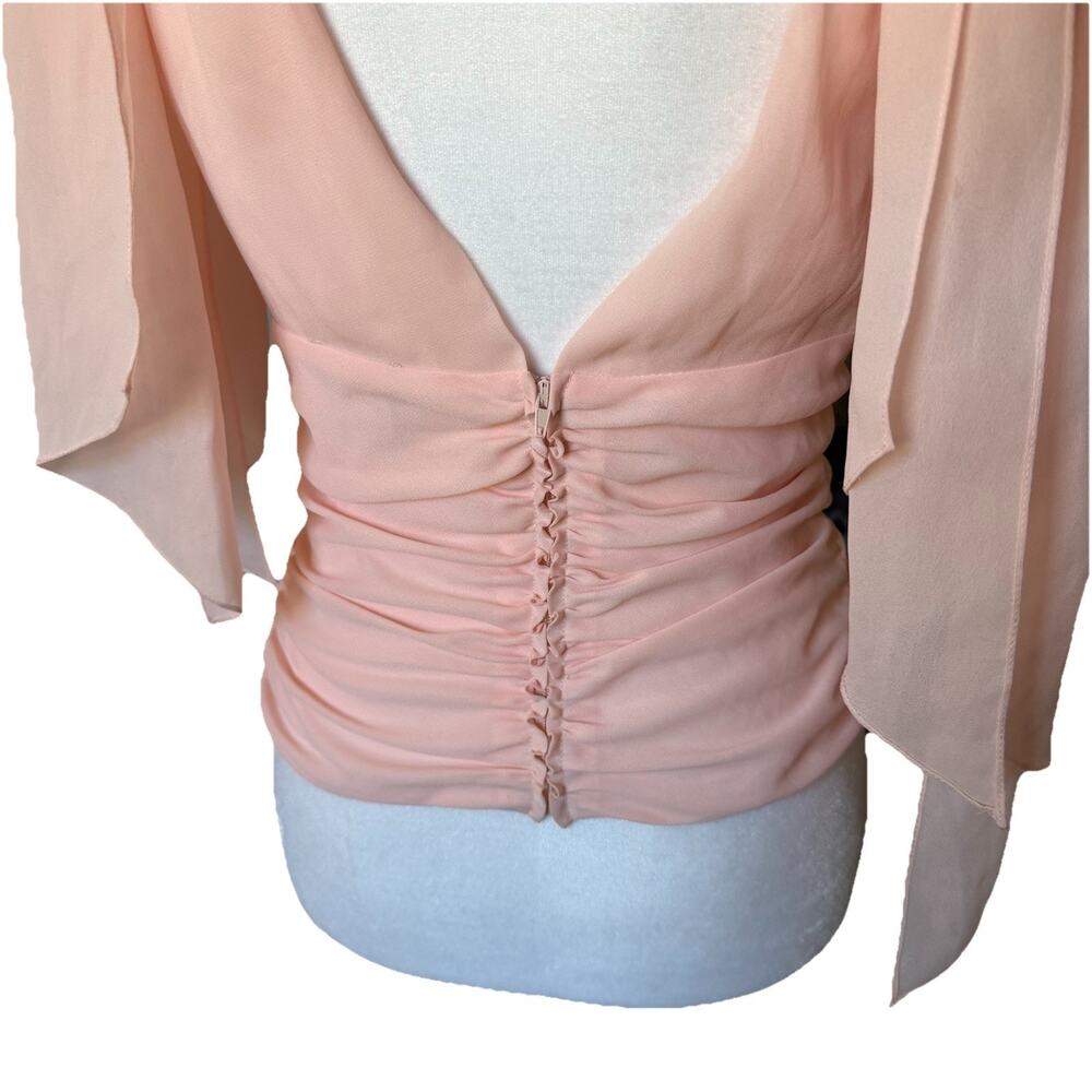 Magaschoni Womens Size 4 Blouse Light Pink Vneck Ruched Tie Shoulder Top Elegant - Picture 7 of 9